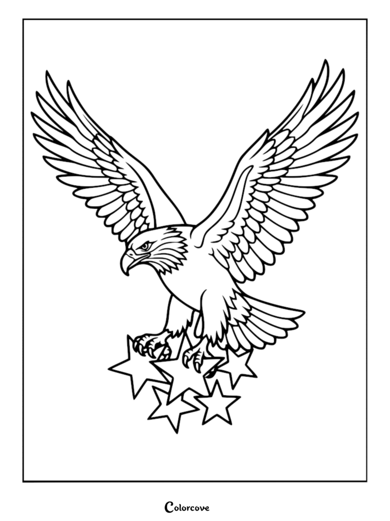 A majestic bald eagle with wings spread wide, clutching a cluster of five-pointed stars in its talons, presented as a printable coloring page.