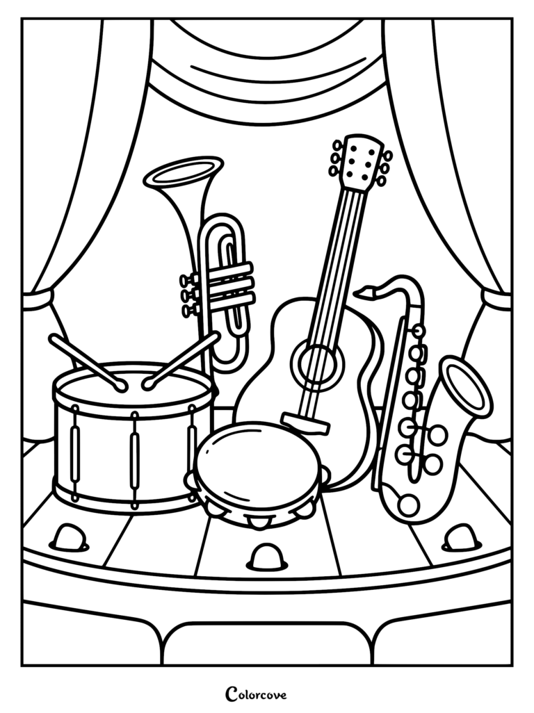 A 4th of July coloring page featuring a drum, trumpet, acoustic guitar, tambourine, and saxophone arranged on a stage with curtains.