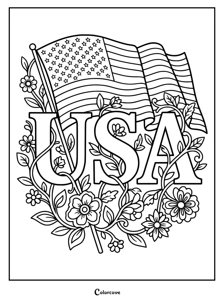 A patriotic coloring page featuring the letters USA entwined with intricate floral vines and a waving American flag in the background.