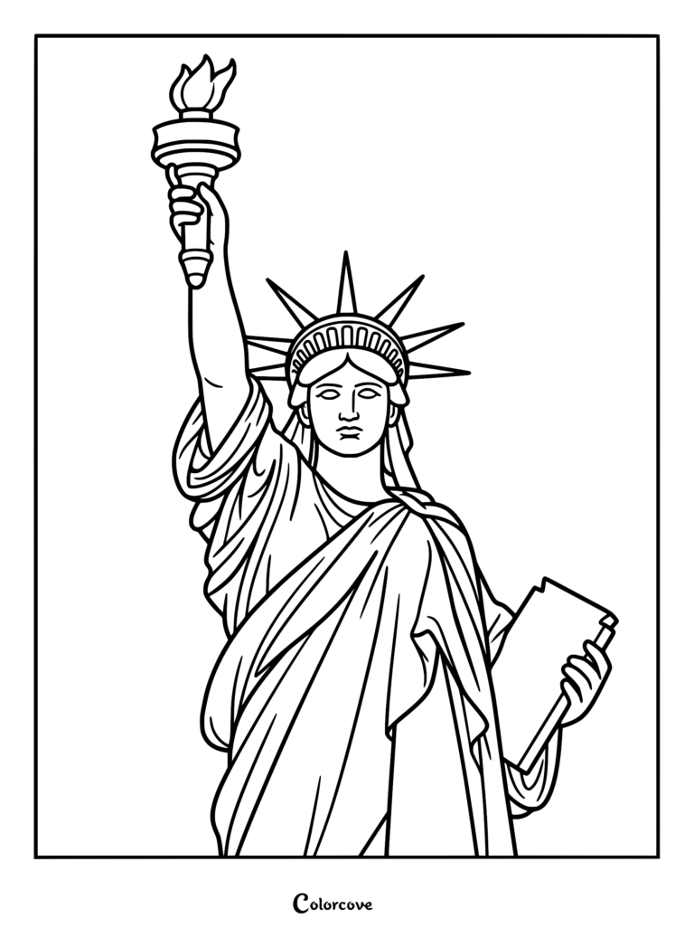 A clean line art coloring page of the Statue of Liberty holding a torch and tablet, wearing her iconic seven-point crown.