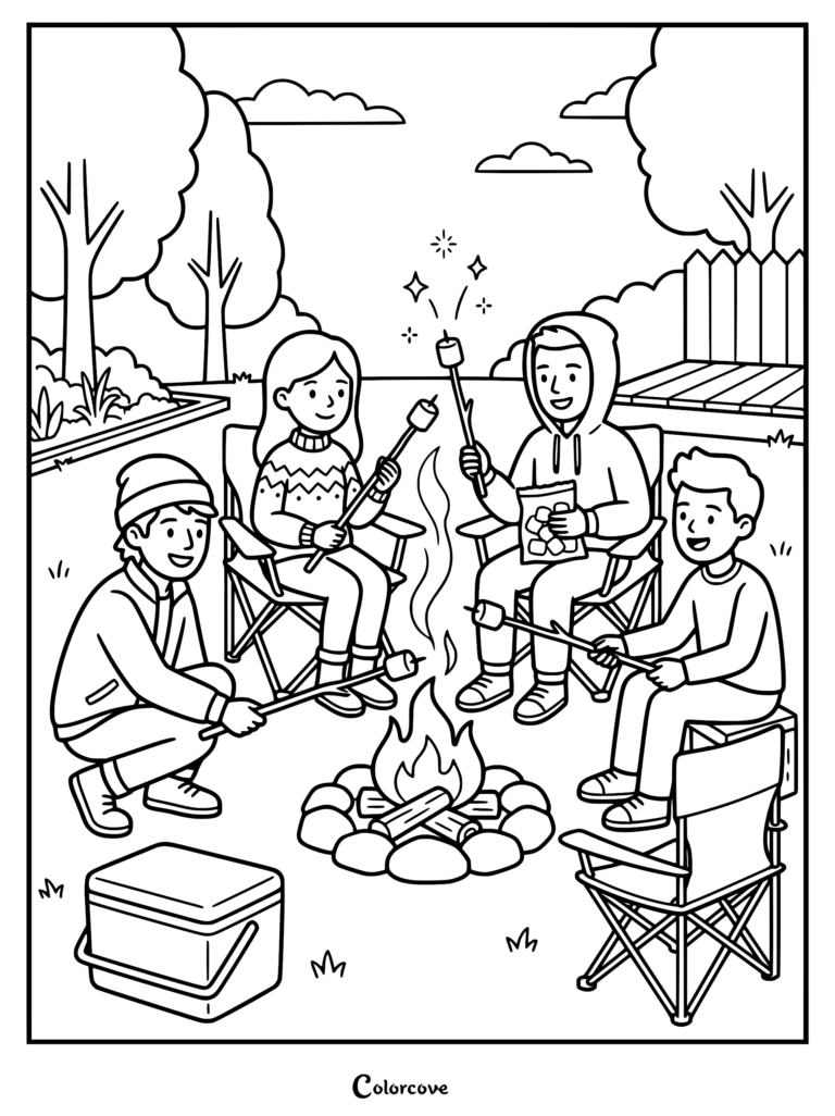 Four friends sitting in camping chairs and squatting around a stone-ringed campfire roasting marshmallows on sticks, a 4th of July themed coloring page with a cooler in the foreground.