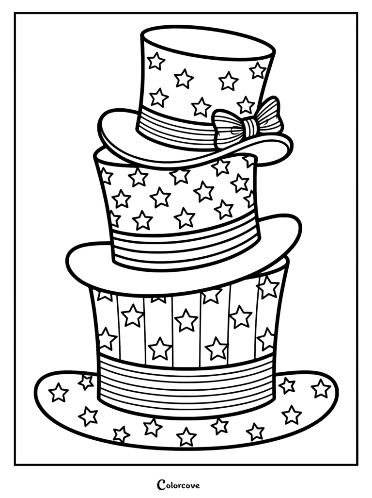 A coloring page featuring a vertical stack of three patriotic top hats decorated with stars and stripes.