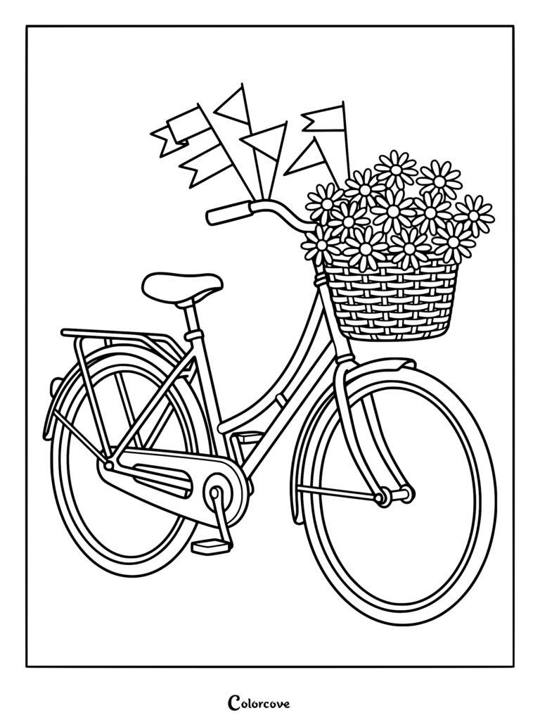 A vintage bicycle with a basket full of daisies and festive triangular flags attached to the handlebars, presented as a clean line art coloring page.