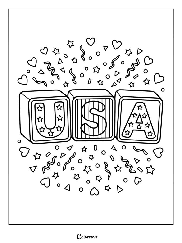A 4th of July coloring page featuring three alphabet blocks spelling USA surrounded by stars, hearts, and confetti.