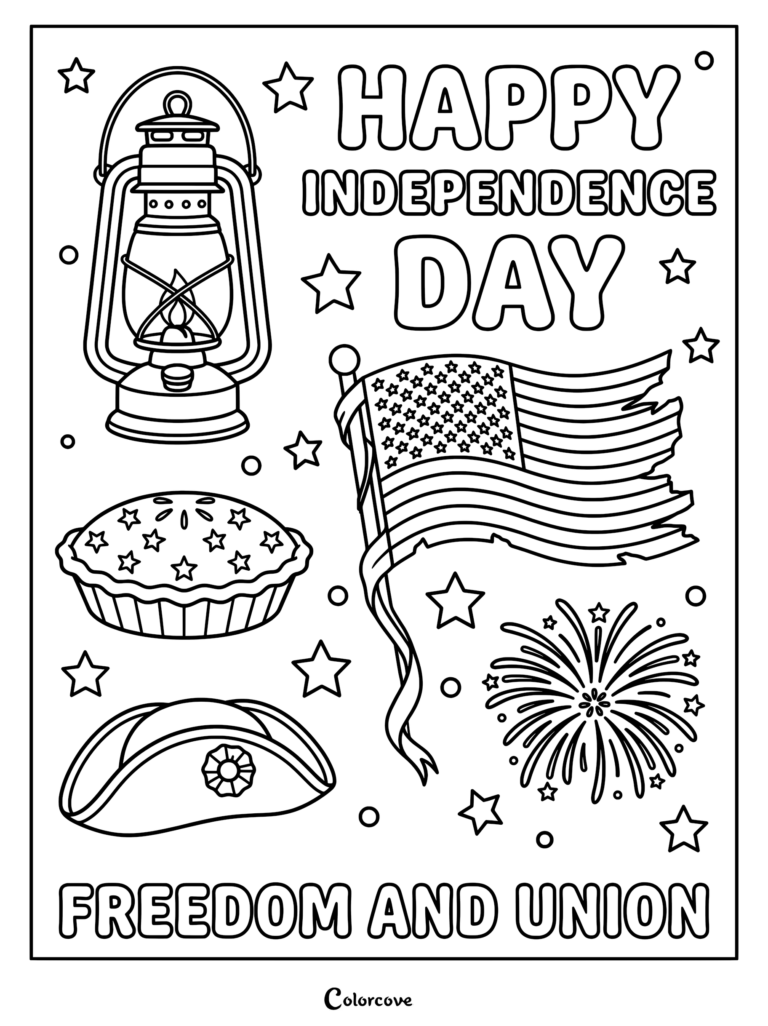 A 4th of July coloring page featuring an American flag, a vintage lantern, a star-topped pie, a tricorn hat, and fireworks with the text Happy Independence Day and Freedom and Union.