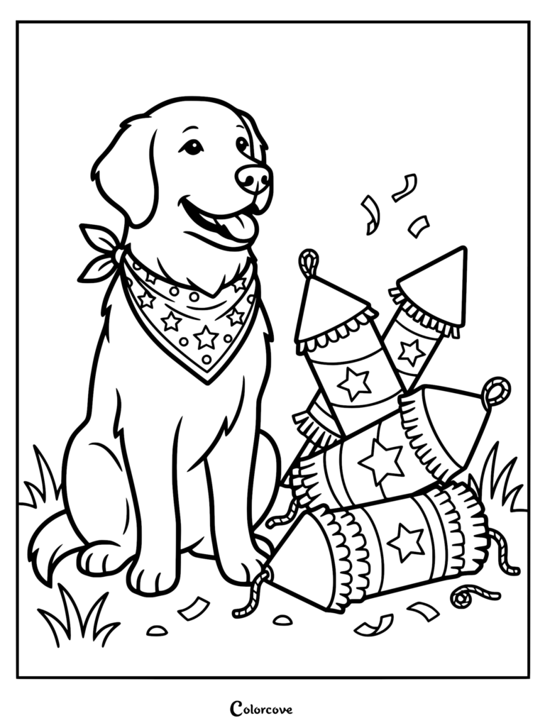 A happy Golden Retriever wearing a star-patterned bandana sitting next to a pile of festive fireworks in this 4th of July coloring page.