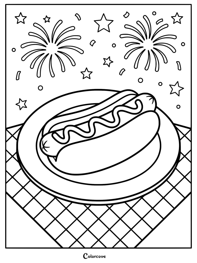 A hot dog on a plate with mustard, set against a background of fireworks and stars, perfect as a 4th of July coloring page.