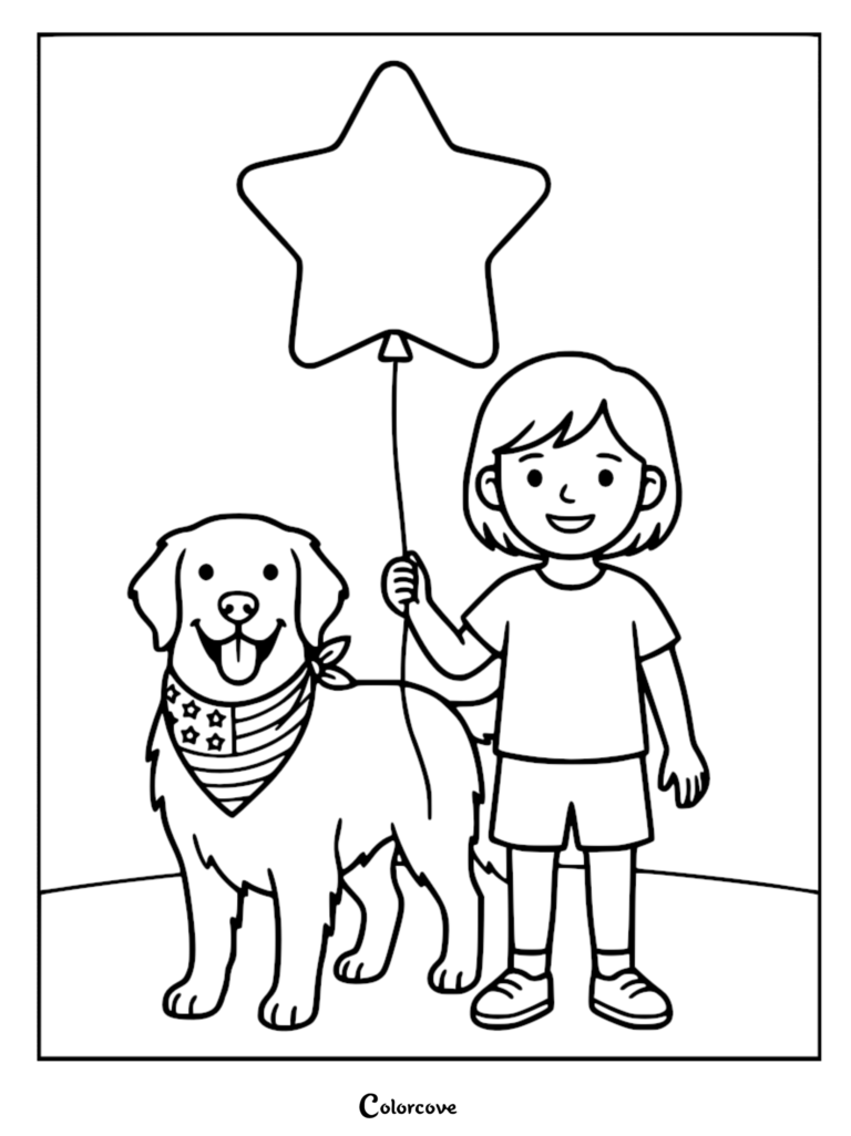A young girl holding a star-shaped balloon standing next to a golden retriever wearing an American flag bandana in this 4th of July coloring page.