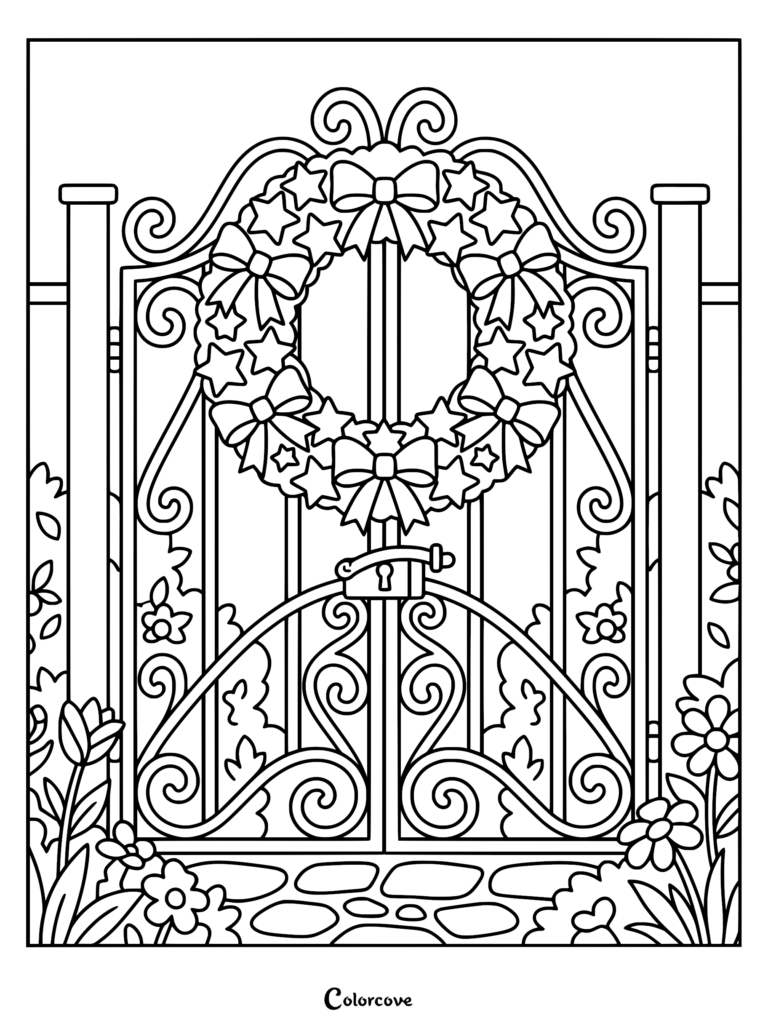 A patriotic 4th of July coloring page featuring an ornate metal garden gate decorated with a star-filled wreath and bows.