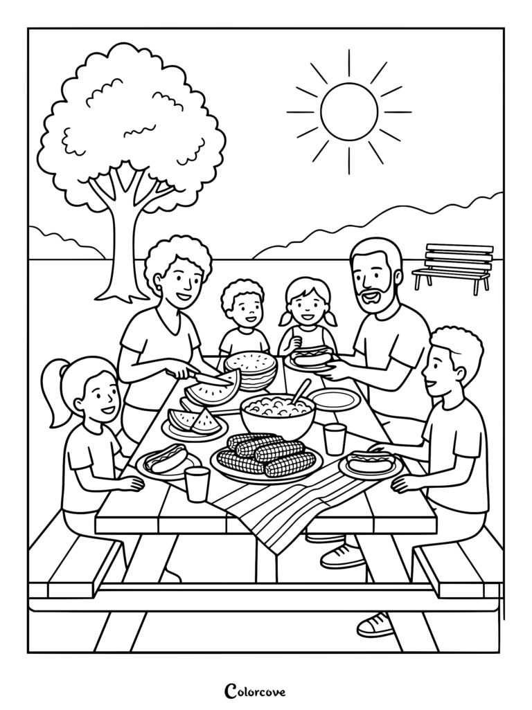 A family of six enjoying a 4th of July picnic with hot dogs, corn, and watermelon on a wooden table, presented as a printable coloring page.