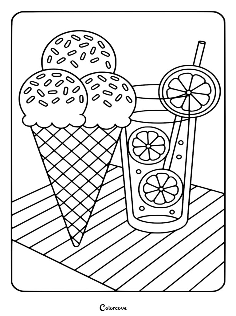 A 4th of July coloring page featuring a triple-scoop ice cream cone with sprinkles next to a glass of lemonade garnished with citrus slices.