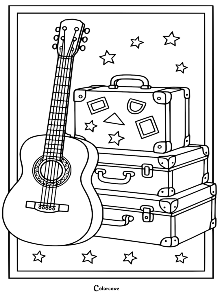 A 4th of July coloring page featuring an acoustic guitar standing next to a stack of three vintage suitcases decorated with geometric shapes and stars.