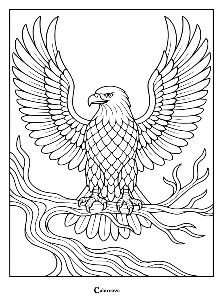 A detailed bald eagle with wings spread wide perched on a gnarled tree branch in this printable coloring page.