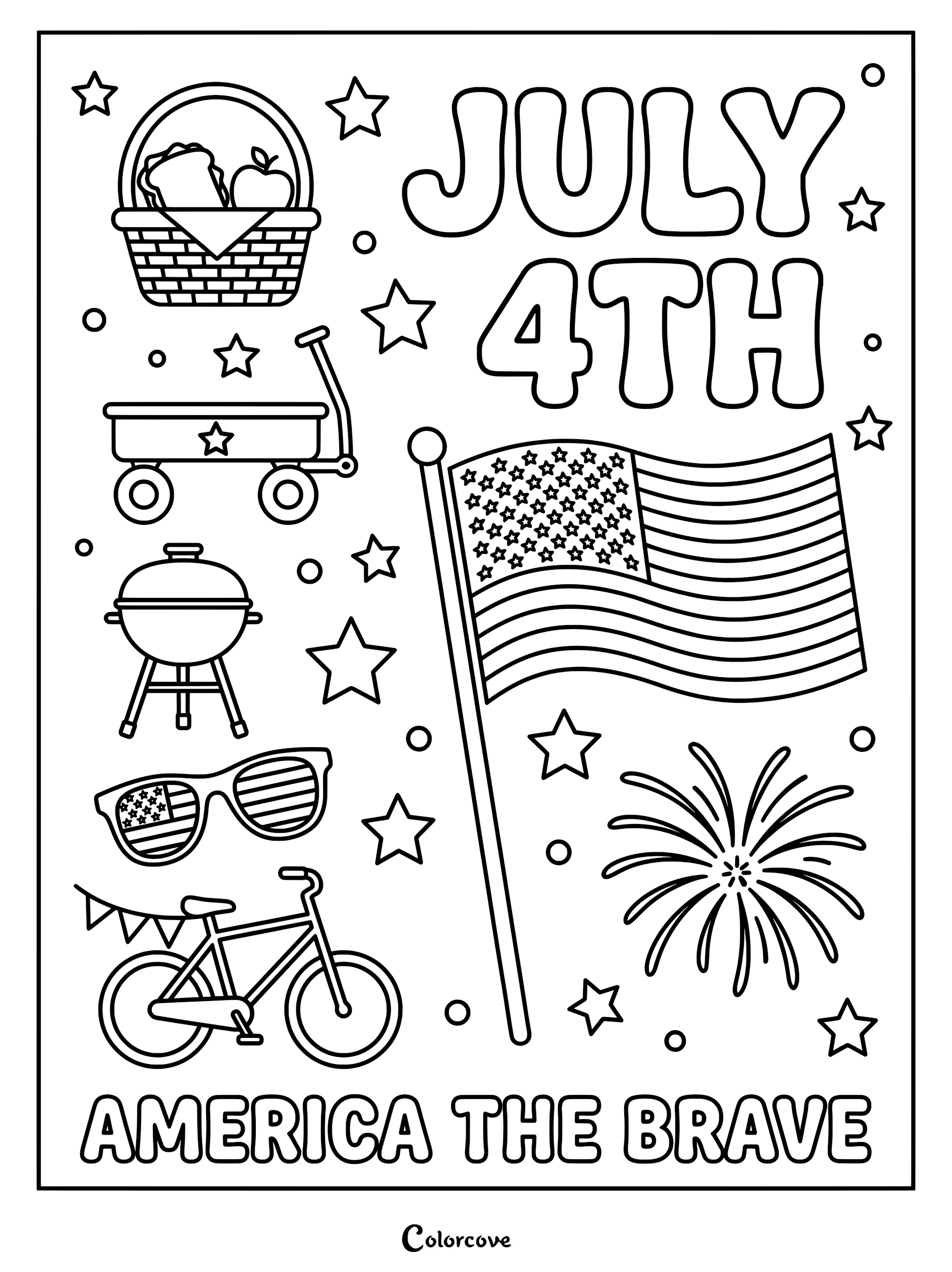 A 4th of July coloring page featuring a picnic basket, wagon, grill, flag, sunglasses, and bicycle.