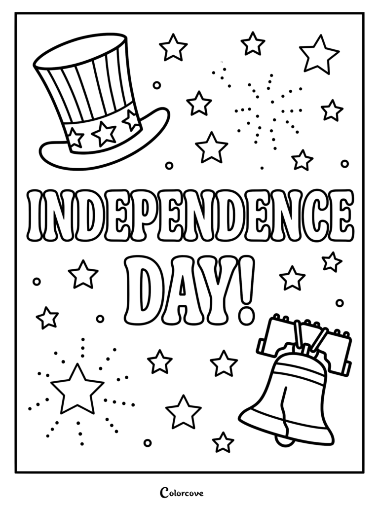 Independence Day coloring page featuring an Uncle Sam top hat, the Liberty Bell, and decorative stars.