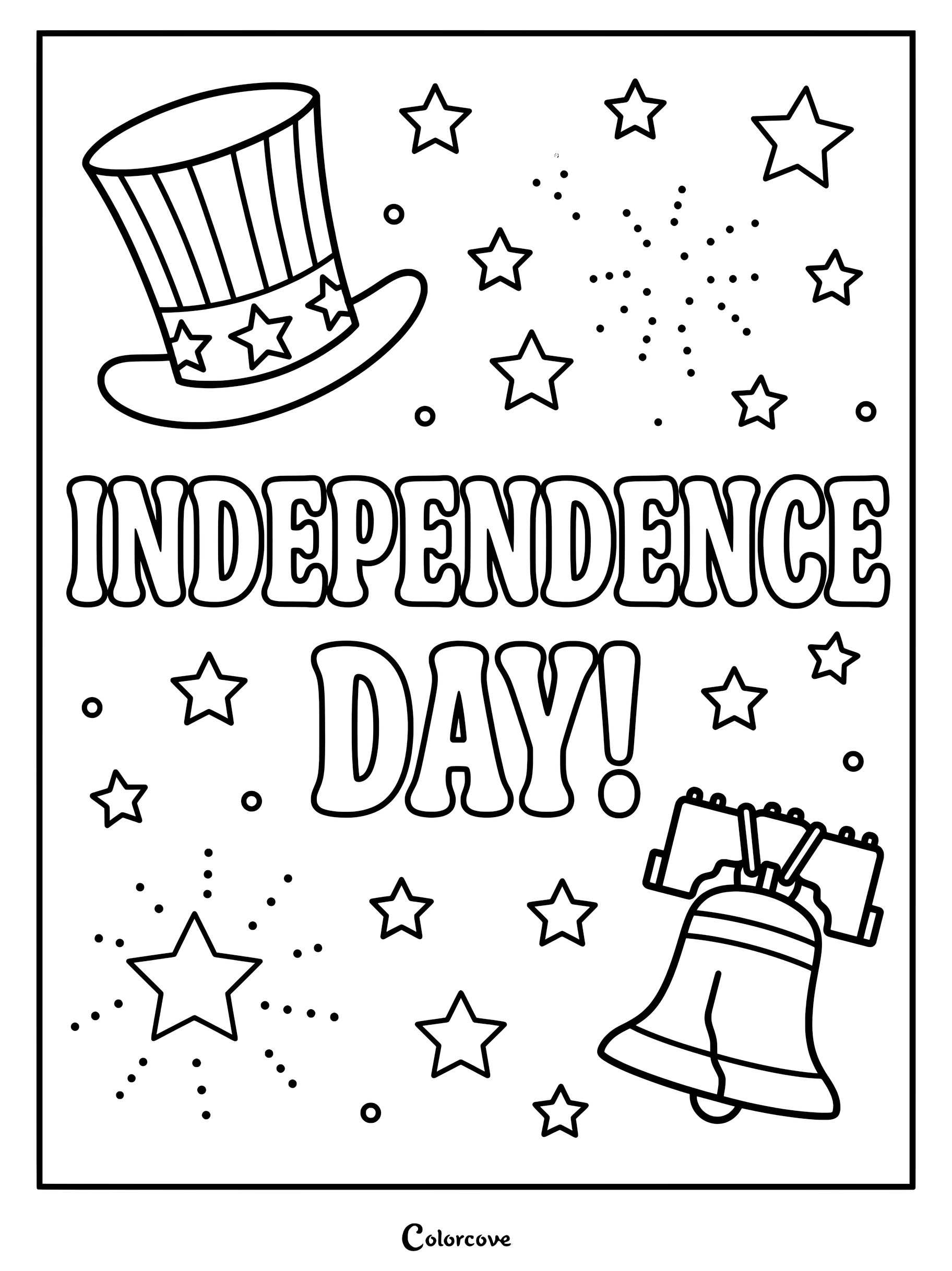 Independence Day coloring page featuring an Uncle Sam top hat, the Liberty Bell, and decorative stars.