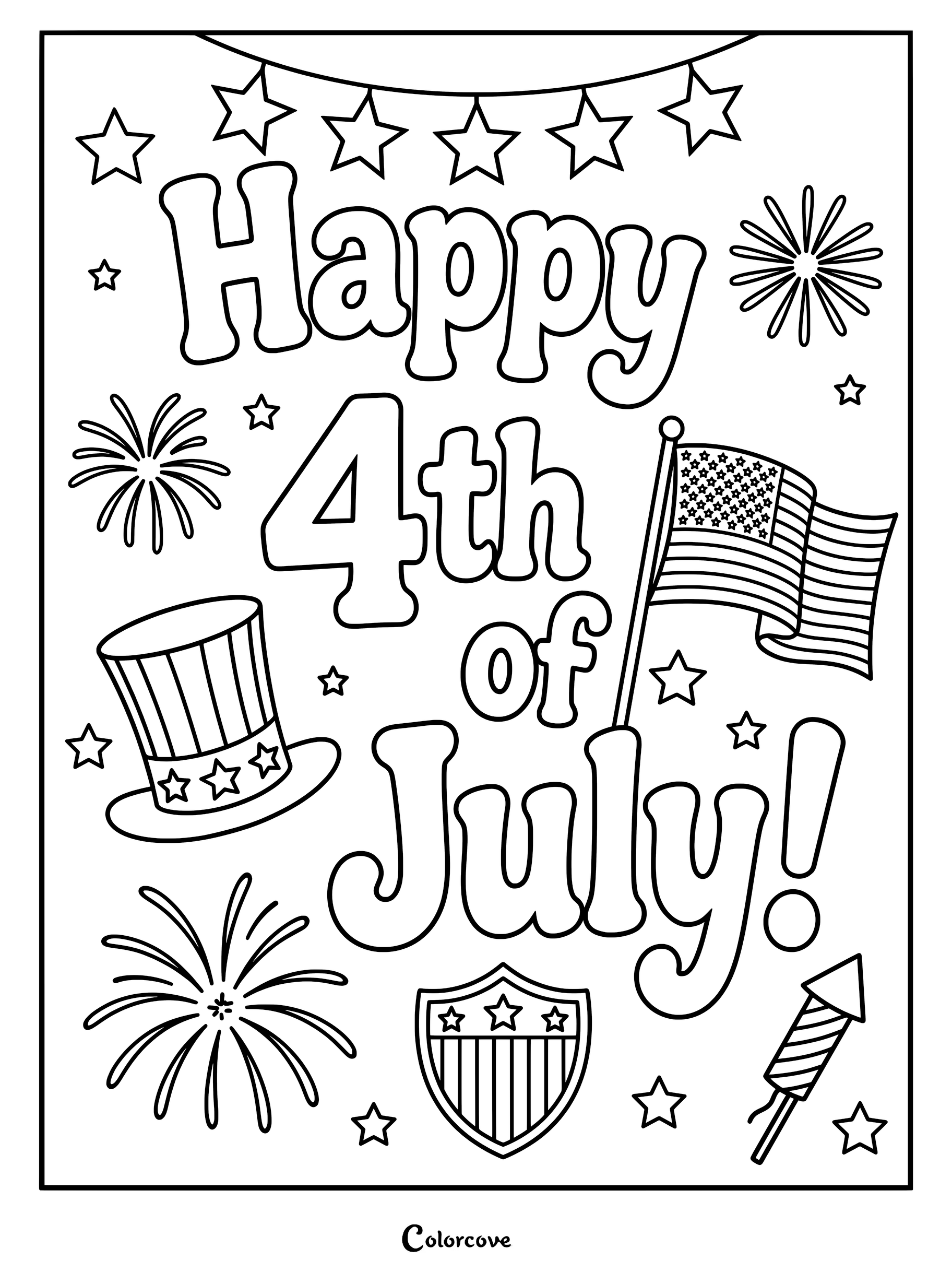 A Happy 4th of July coloring page featuring a top hat, American flag, fireworks, stars, and a patriotic shield.