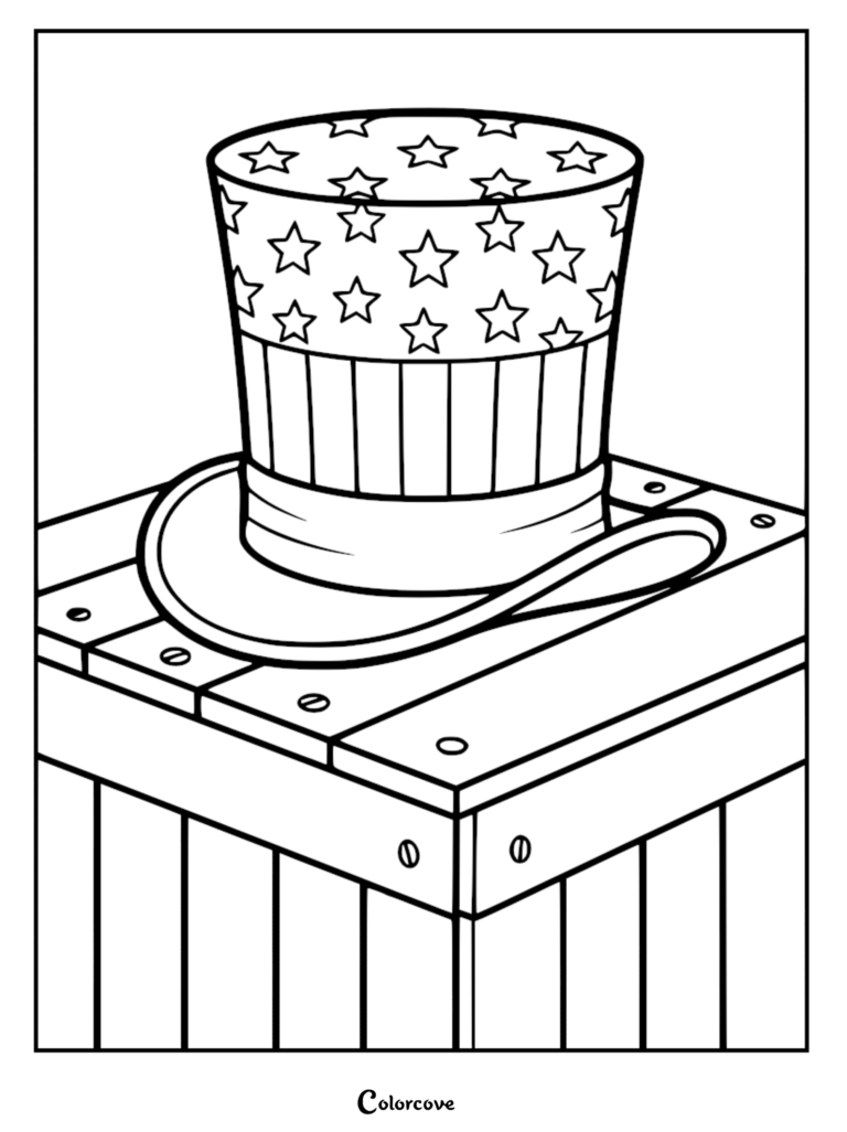 A printable coloring page featuring a classic Uncle Sam top hat with stars and stripes resting on a wooden crate.