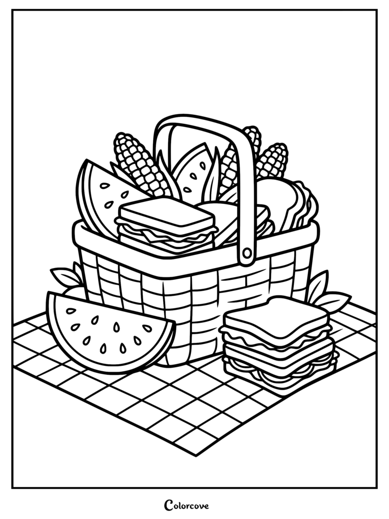 A 4th of July picnic basket coloring page featuring a woven basket filled with corn on the cob, watermelon slices, and sandwiches on a checkered blanket.