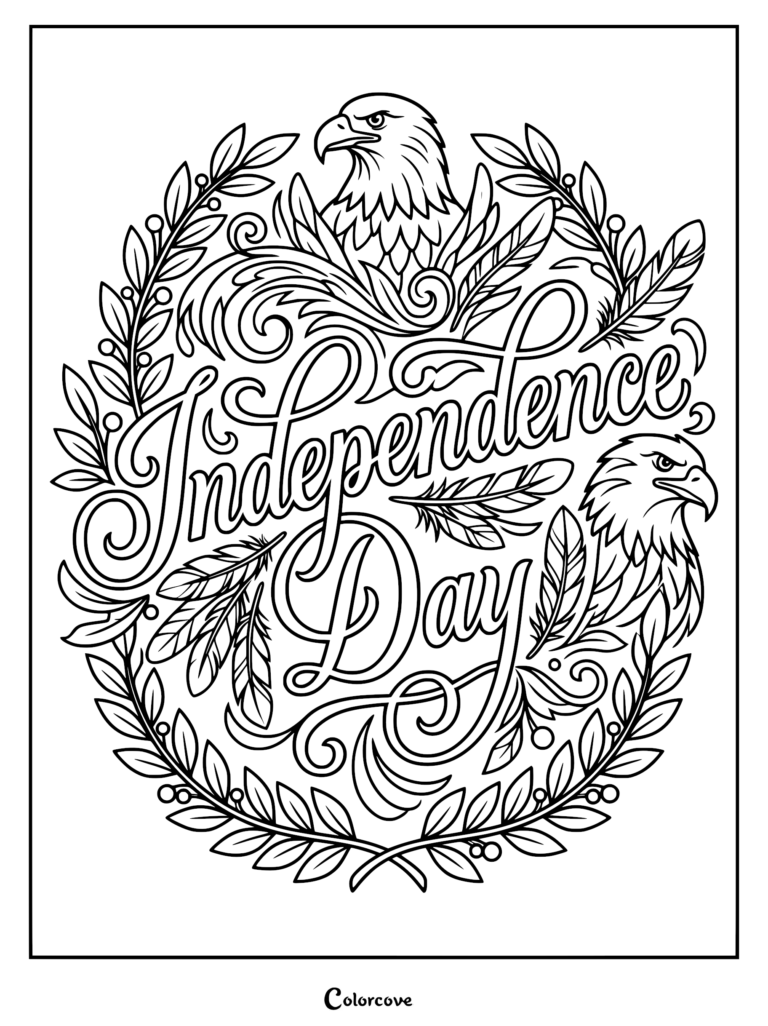 Independence Day coloring page featuring two bald eagles framed by a circular laurel wreath and decorative feathers.