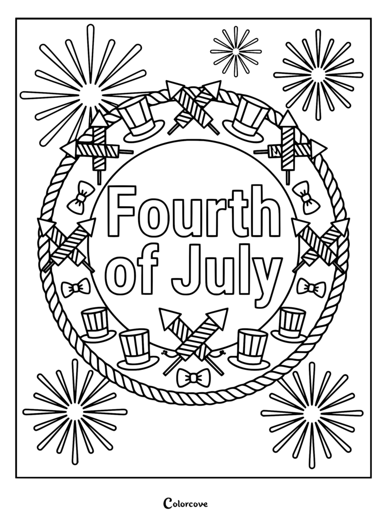 A Fourth of July coloring page featuring a rope-bordered circle containing the text Fourth of July, surrounded by top hats, bow ties, and fireworks.