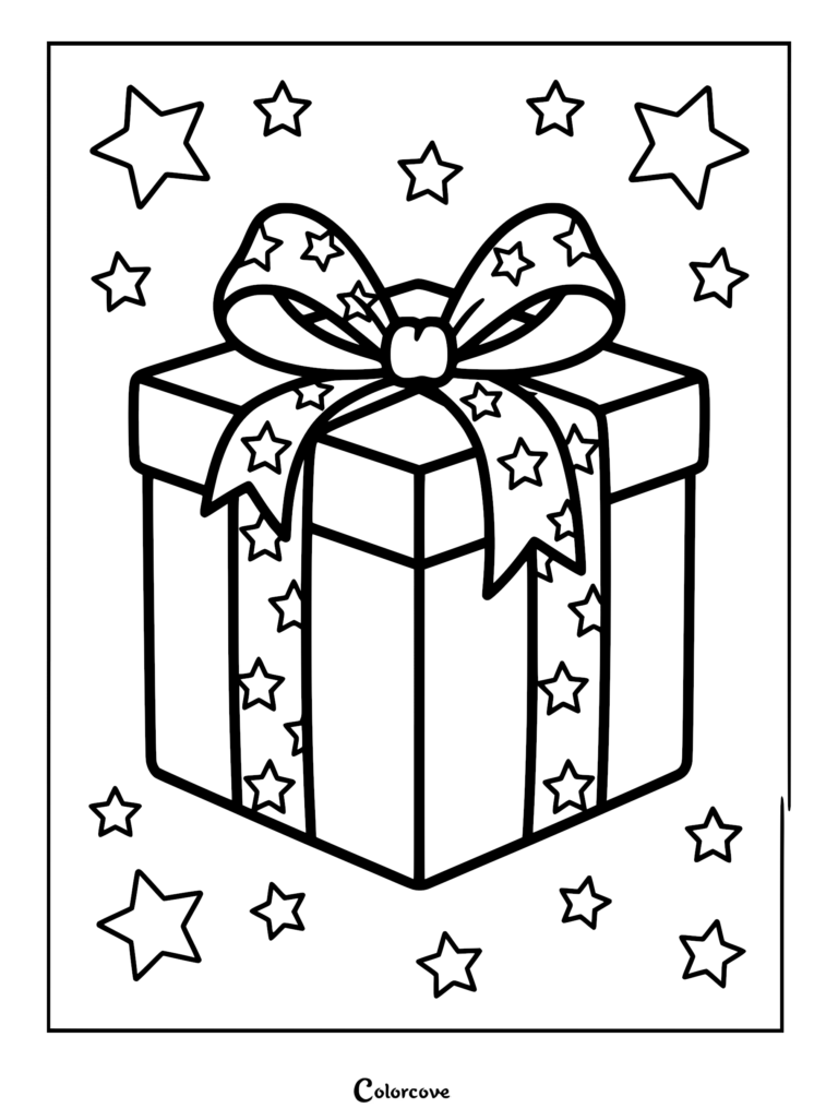 A 4th of July themed coloring page featuring a square gift box wrapped with a ribbon decorated with stars, surrounded by floating star shapes.