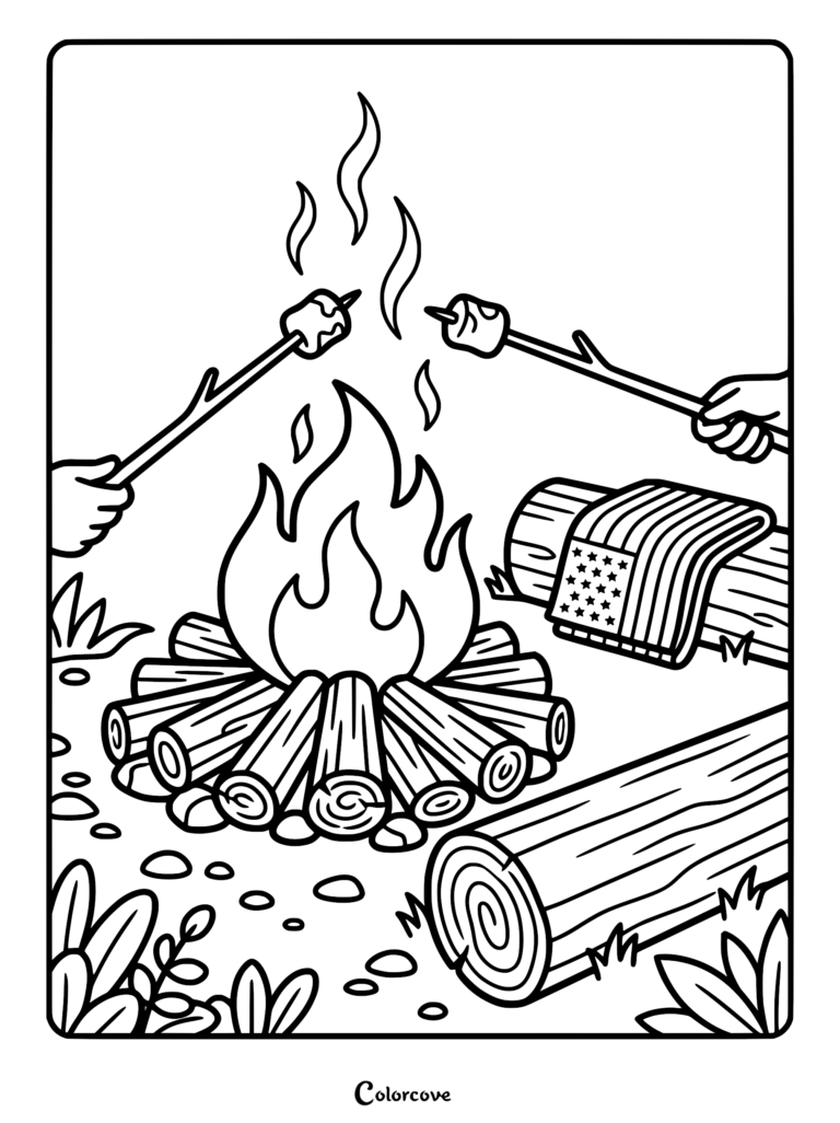 A 4th of July campfire coloring page featuring two hands roasting marshmallows over a fire with an American flag draped over a nearby log.