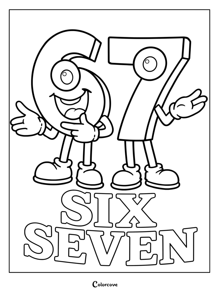 Coloriage Chiffres 6 et 7 à imprimer avec de mignons chiffres animés dotés d'yeux et de gants.