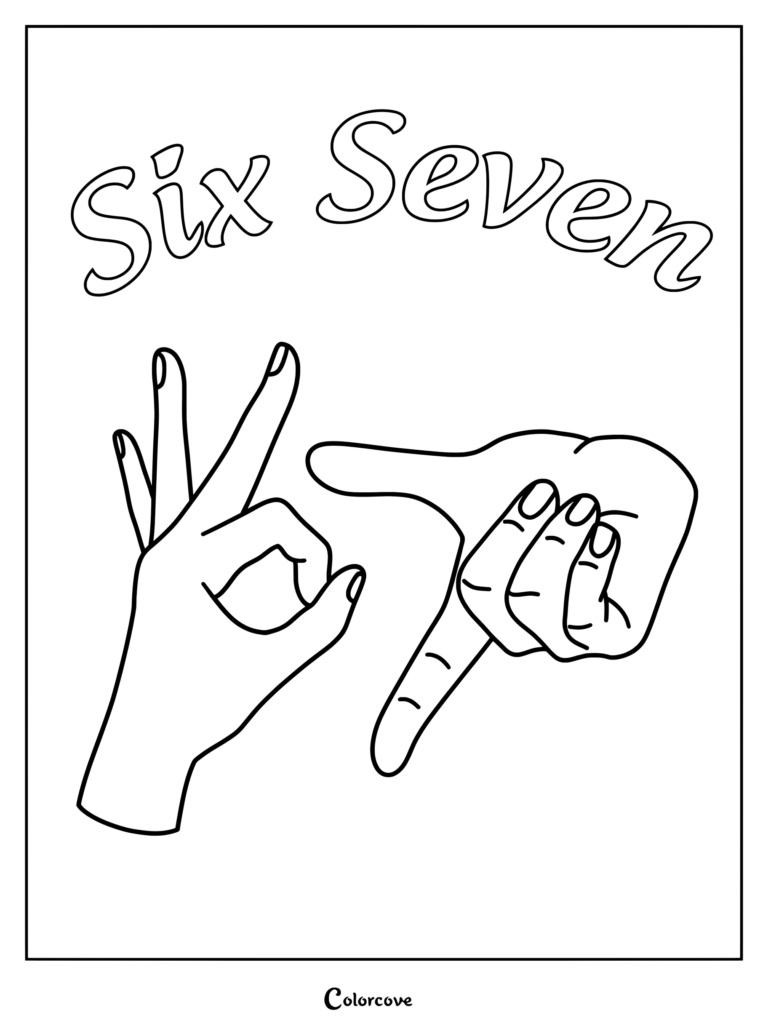 Coloriage Chiffres 6 et 7 à imprimer avec des mains faisant des signes de chiffres et des lettres bulles au-dessus.