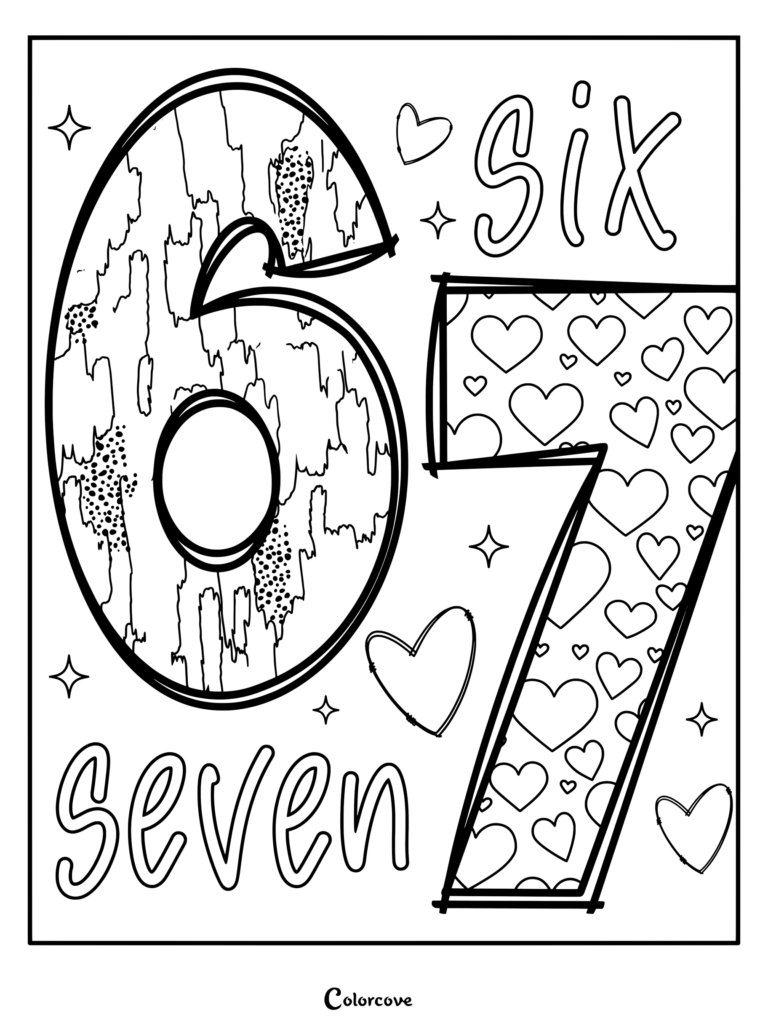 Coloriage stylisé des Chiffres 6 et 7 avec une texture d'écorce et des motifs de cœurs.