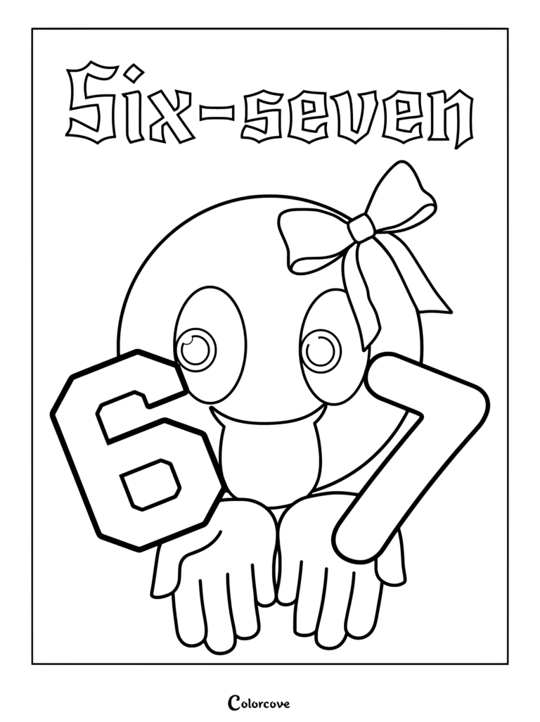 Coloriage Chiffres 6 et 7 à imprimer avec un personnage portant un nœud et tenant des chiffres.