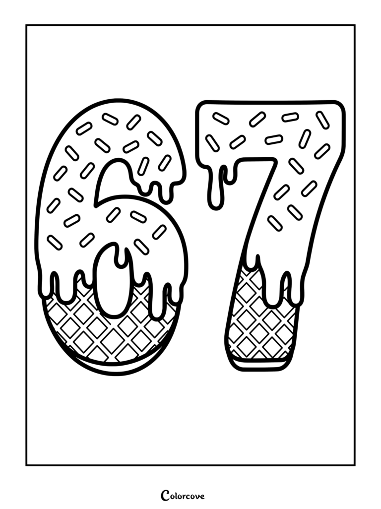 Un gourmand coloriage Chiffres 6 et 7 avec des chiffres en forme de donuts glacés avec des vermicelles.