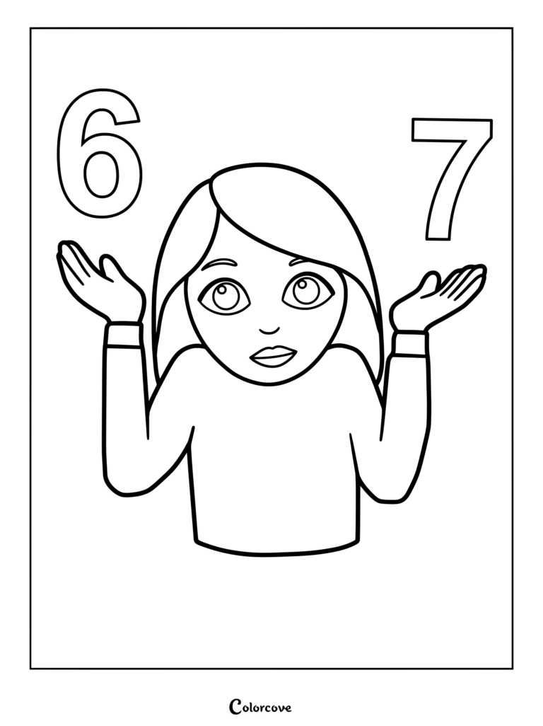 Coloriage d'un émoji haussant les épaules avec les Chiffres 6 et 7.