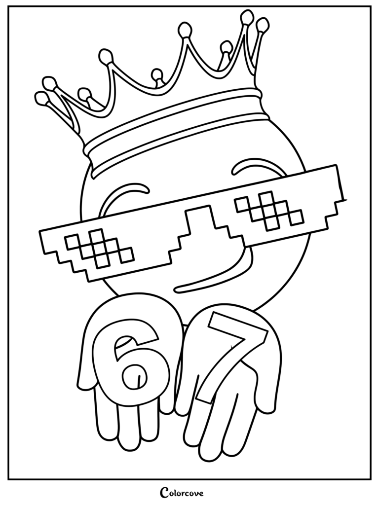 Un émoji souriant portant une grande couronne et des lunettes de soleil pixelisées tenant le coloriage Chiffres 6 et 7.