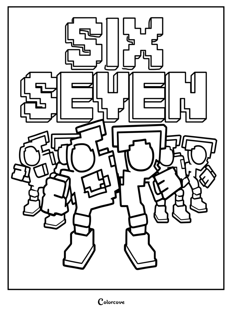 Personnages en pixel art en blocs sous une typographie en gras pour le coloriage Chiffres 6 et 7.