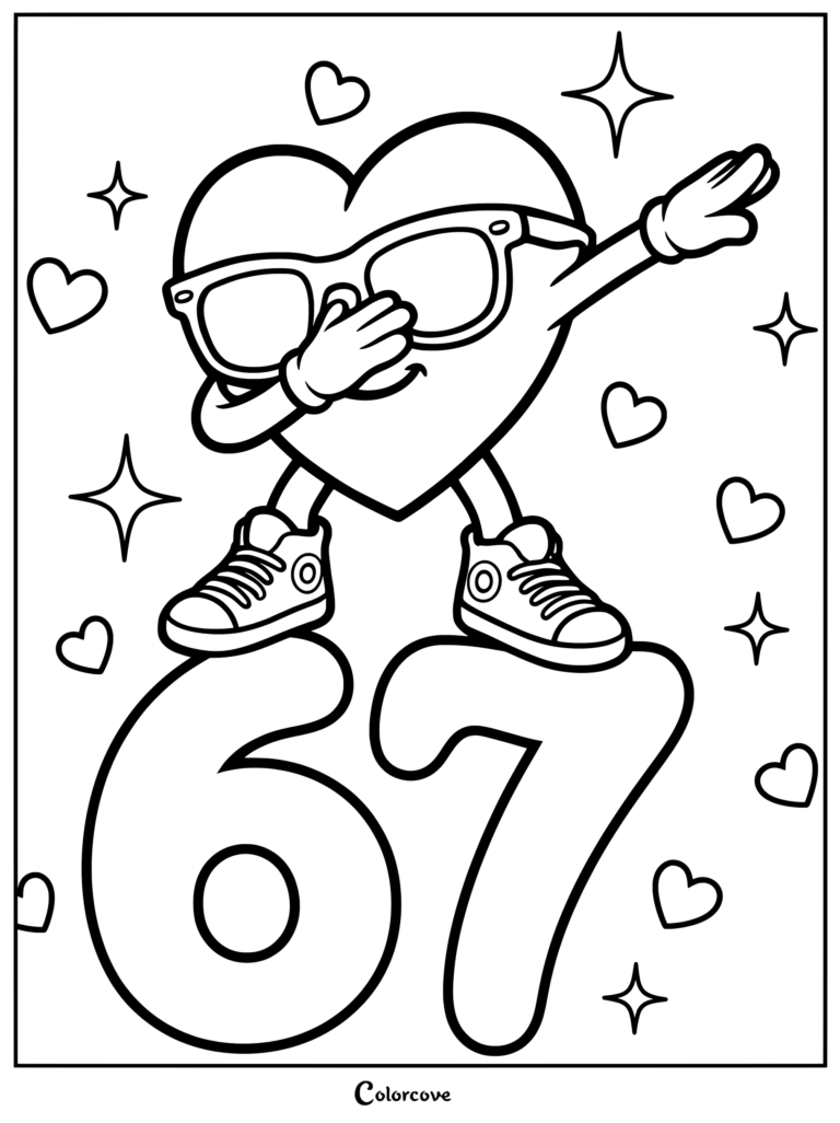 Un mignon personnage en forme de cœur portant des lunettes de soleil et des baskets faisant un dab sur le coloriage Chiffres 6 et 7.