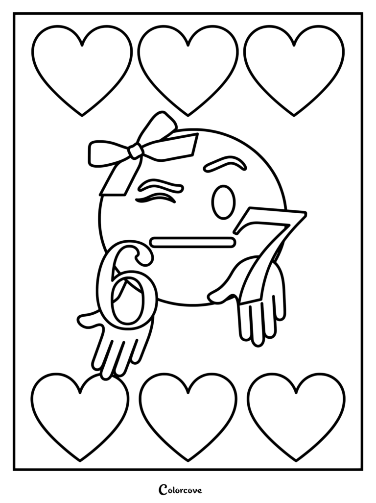 Un coloriage Chiffres 6 et 7 à imprimer avec un émoji clignant de l'œil portant un nœud et entouré de cœurs.