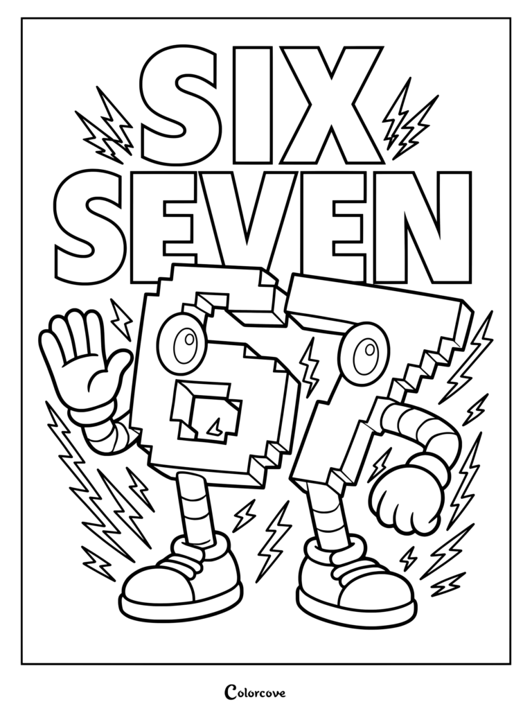 Coloriage à imprimer des Chiffres 6 et 7 présentant les chiffres animés six et sept sous forme de blocs avec des éclairs.