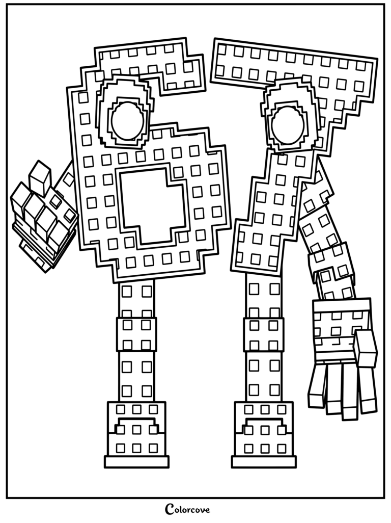 Coloriage à imprimer présentant des Chiffres 6 et 7 en blocs pixelisés avec des visages et des bras.
