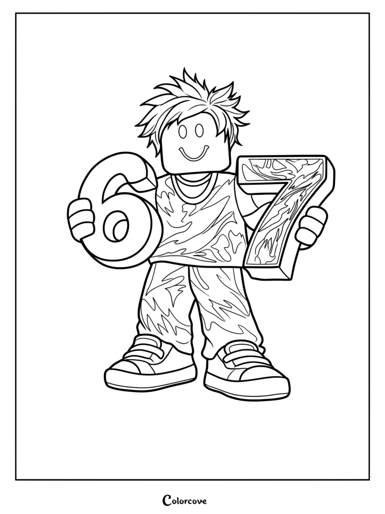 Coloriage d'un personnage Roblox tenant les Chiffres 6 et 7