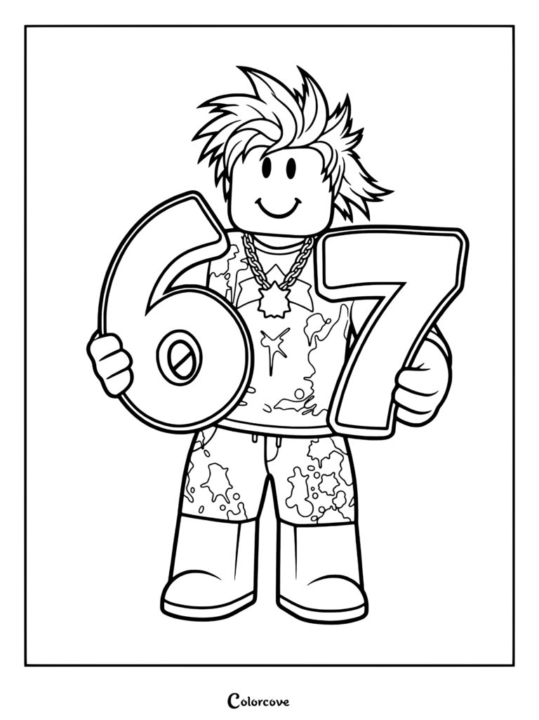 Un coloriage à imprimer avec un personnage Roblox tenant fièrement les Chiffres 6 et 7.