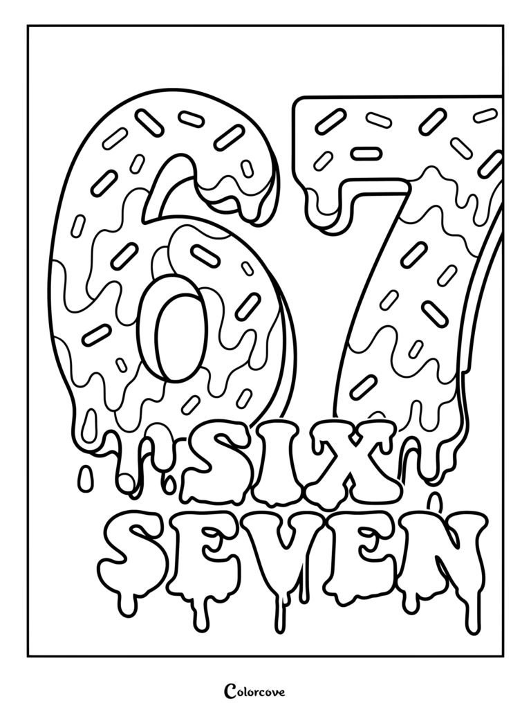 Coloriage Chiffres 6 et 7 sur le thème des donuts avec du glaçage coulant et des vermicelles.