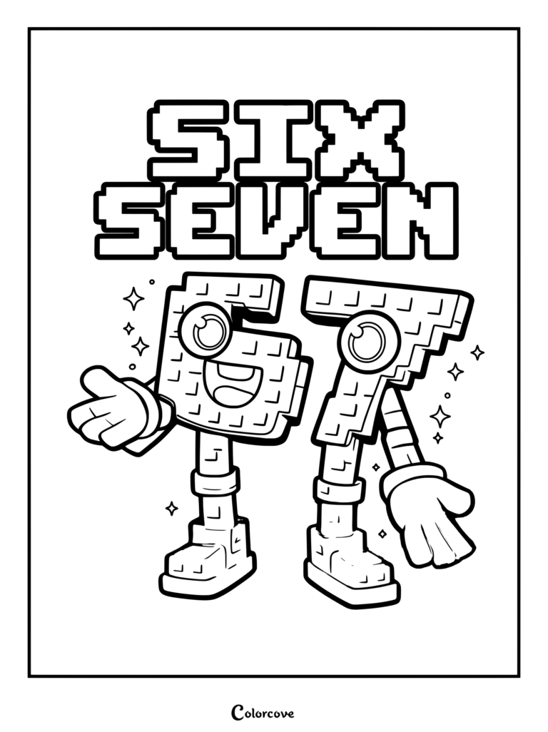 Coloriage Chiffres 6 et 7 avec des chiffres pixélisés en blocs aux visages amicaux et mains de dessin animé.