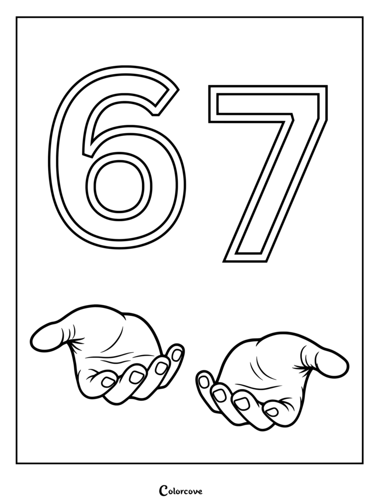 Coloriage détaillé des Chiffres 6 et 7 avec des chiffres à double contour au-dessus de deux mains ouvertes vers le haut.