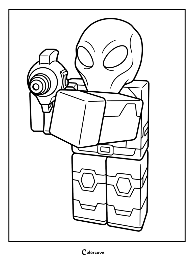 A printable coloring page featuring an Alien from 99 Nights in the Forest holding a raygun weapon.