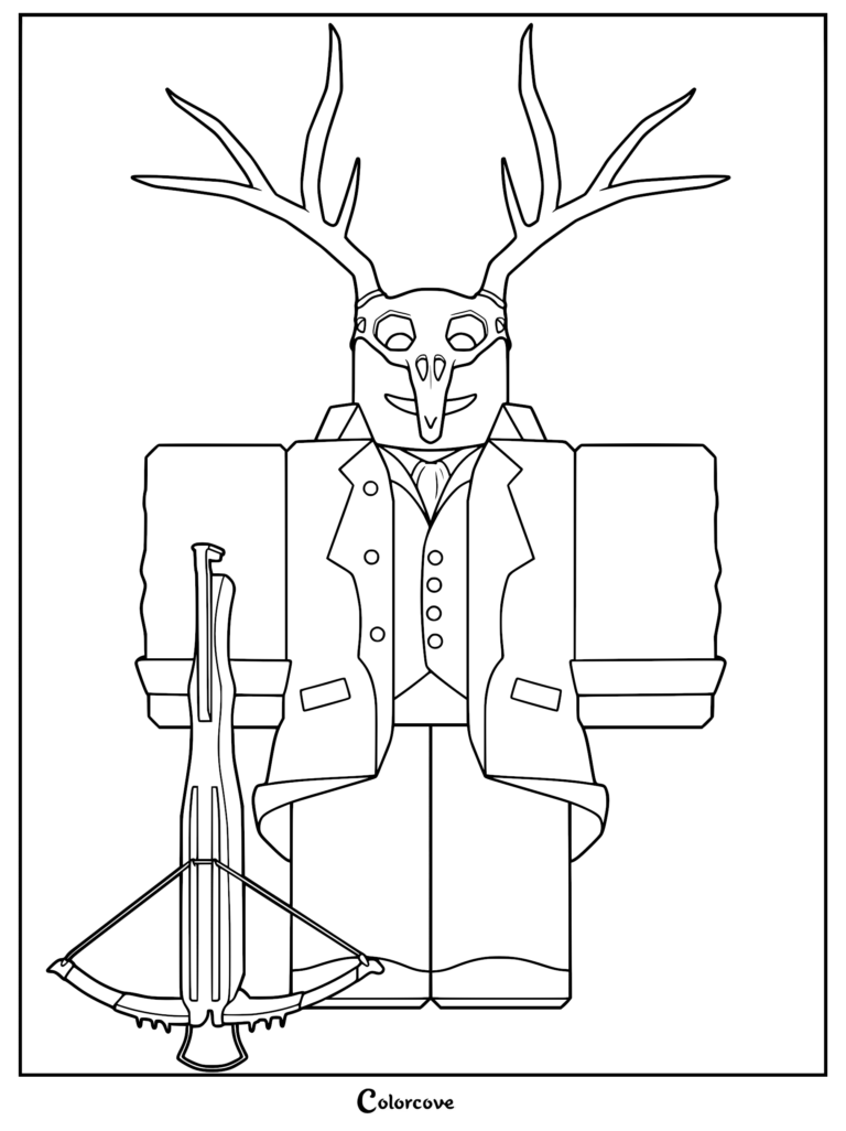 A printable coloring page featuring the Crossbow Cultist from 99 Nights in the Forest, wearing a formal suit and deer-like mask while holding a large crossbow.