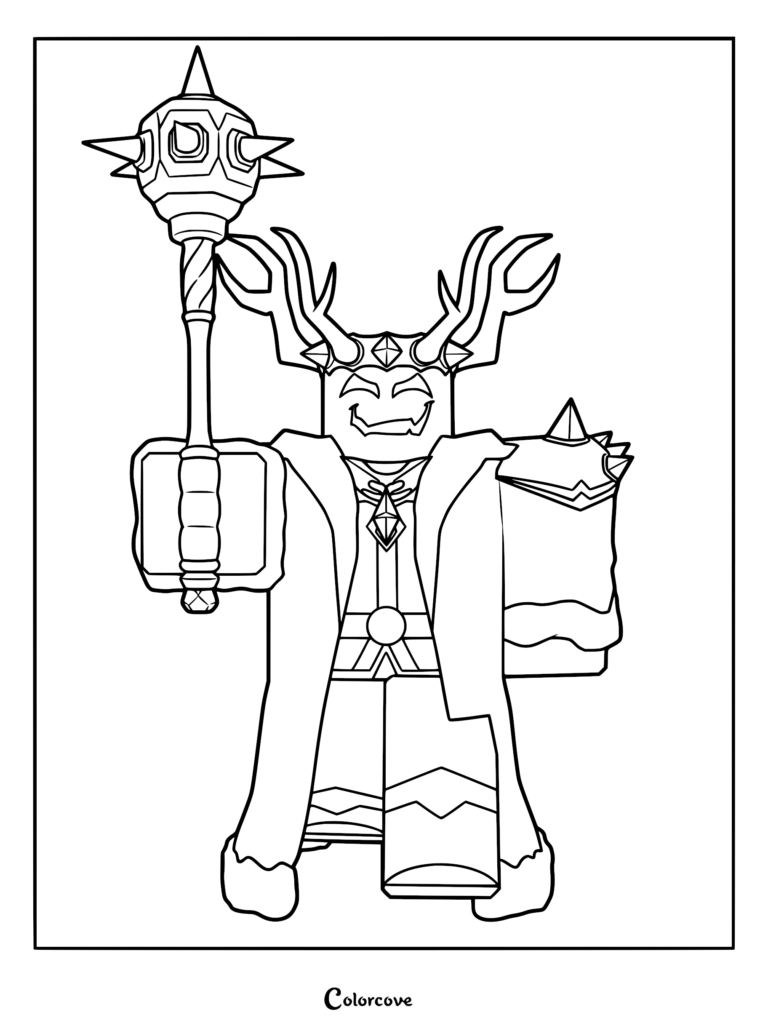 A line art coloring page of the Cultist King from 99 Nights in the Forest, holding a spiked morningstar weapon.