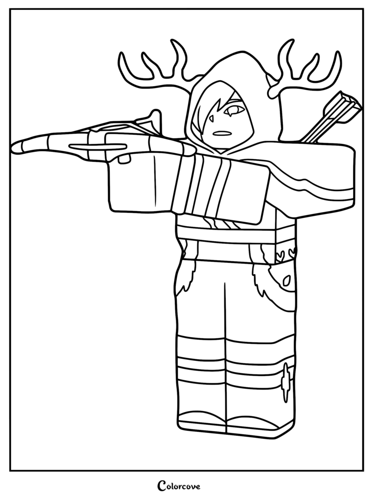 A printable coloring page featuring the Darkstring Cultist from 99 Nights in the Forest, wearing a hooded cloak with deer antlers and aiming a crossbow.