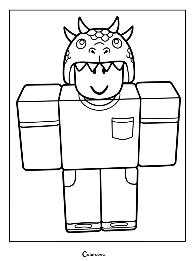 A printable coloring page featuring Dino Kid from 99 Nights in the Forest, wearing his signature dinosaur hat, t-shirt, and pants in a blocky style.