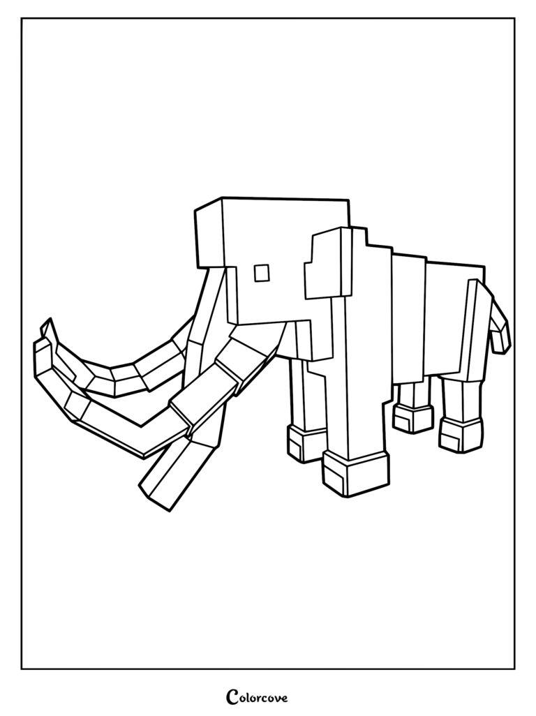 A blocky, pixel-art style Hellephant from 99 Nights in the Forest, featuring large tusks and a sturdy build, presented as a printable coloring page.